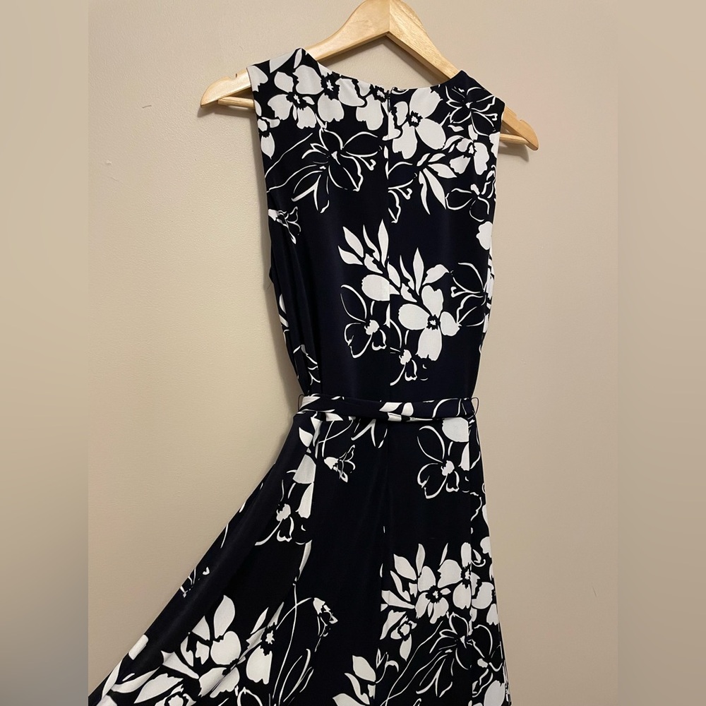 Anne Klein Tea Length Navy Floral Dress (Size 14)